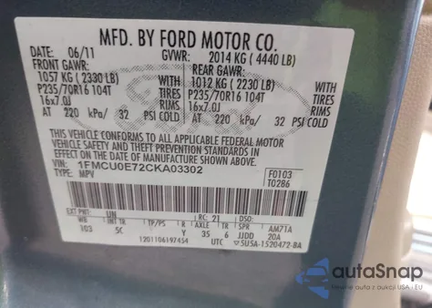 2012 Ford Escape Limited из США, поврежденный, VIN 1FMCU0E72CKA03302